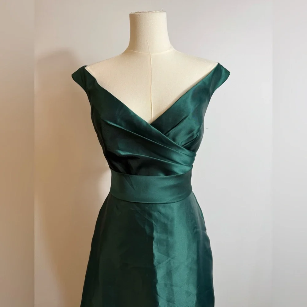 New! Alfred Sung D811S Hunter Green Off Shoulder Draped Wrap Satin‎ Maxi Dress 4 - Picture 4 of 5